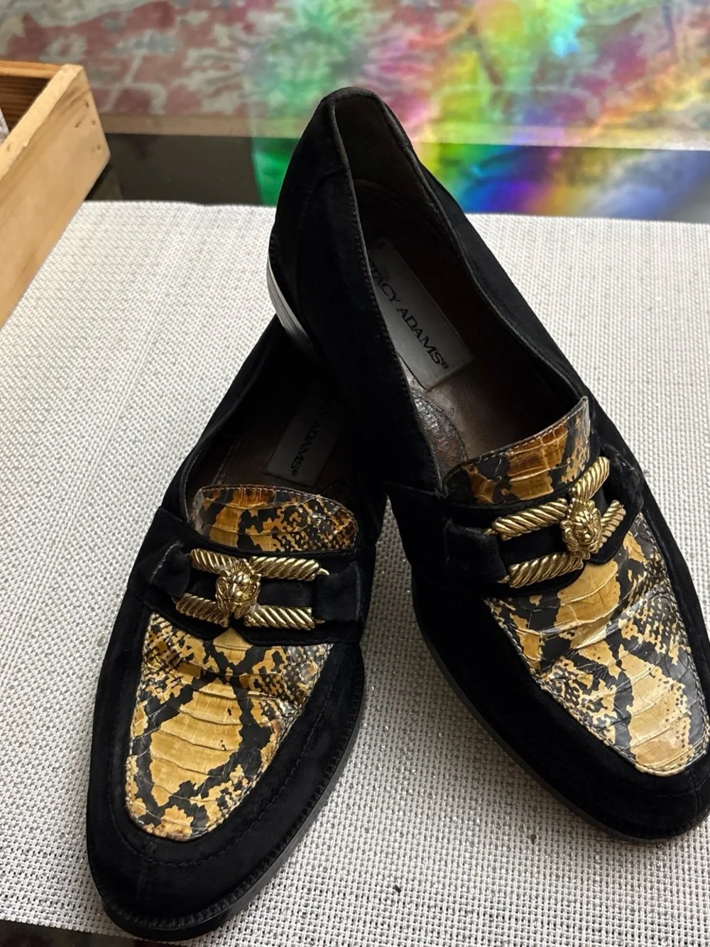 Stacy Adams Black Suede mens Loafers with  Black & yellow Snakeskin, size 9